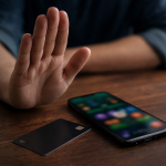 Smartphone com aplicativo de apostas desfocado ao lado de cartão bancário, representando a proibição das bets no Brasil.
