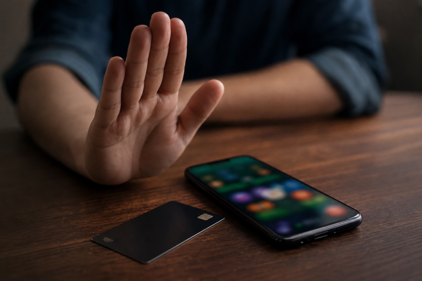 Smartphone com aplicativo de apostas desfocado ao lado de cartão bancário, representando a proibição das bets no Brasil.