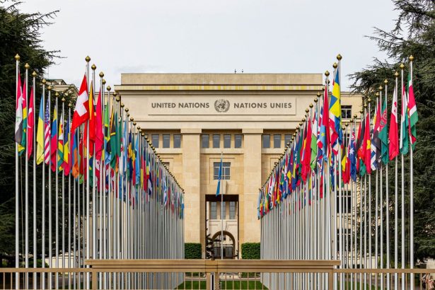 Edifício do escritório da ONU em Genebra cercado por bandeiras de diversos países.