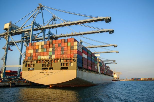 Navio cargueiro atracado em um porto industrial, cercado por guindastes e contêineres sob céu azul.